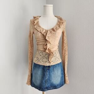 Y2K Wet Seal Tan Floral Lace Ruffle Top Sheer Bell Sleeve XS Fairy Grunge